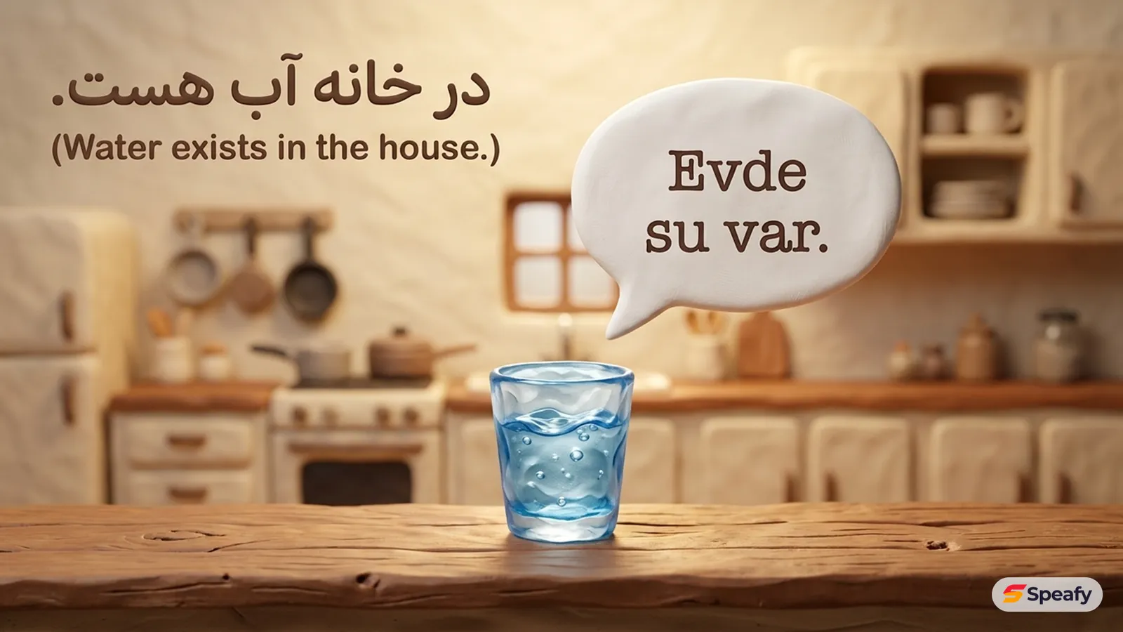 لیوان آب روی میز آشپزخانهٔ گِلی با حباب گفتگوی Evde su var به معنای «در خانه آب هست»