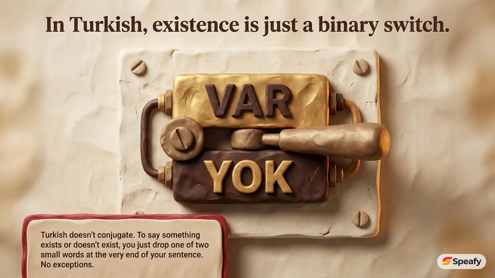 A clay light switch with a gold 'VAR' plate on top and a dark 'YOK' plate below — in Turkish, existence is just a binary switch: drop var or yok at the end of the sentence, no conjugation