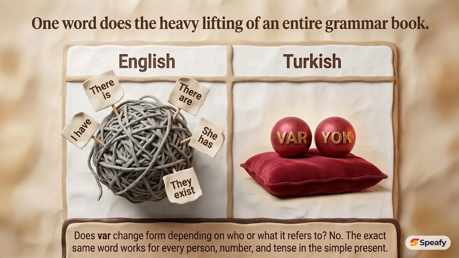 English versus Turkish: a tangled ball of yarn tagged 'I have', 'There is', 'There are', 'She has', 'They exist' next to two neat red balls marked 'VAR' and 'YOK' on a cushion — one word works for every person, number and tense