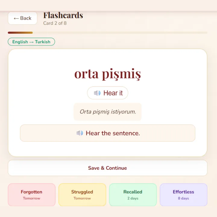 A flashcard for the Turkish word 'orta pişmiş' with an example sentence, audio buttons and four recall ratings