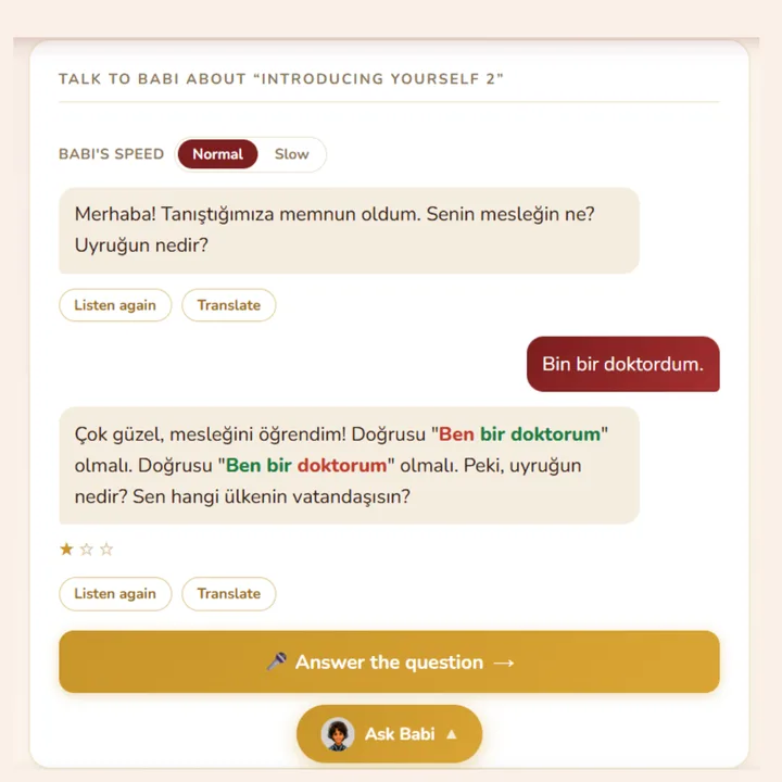 A spoken conversation with Babi in Turkish, with the learner's mistake corrected and highlighted